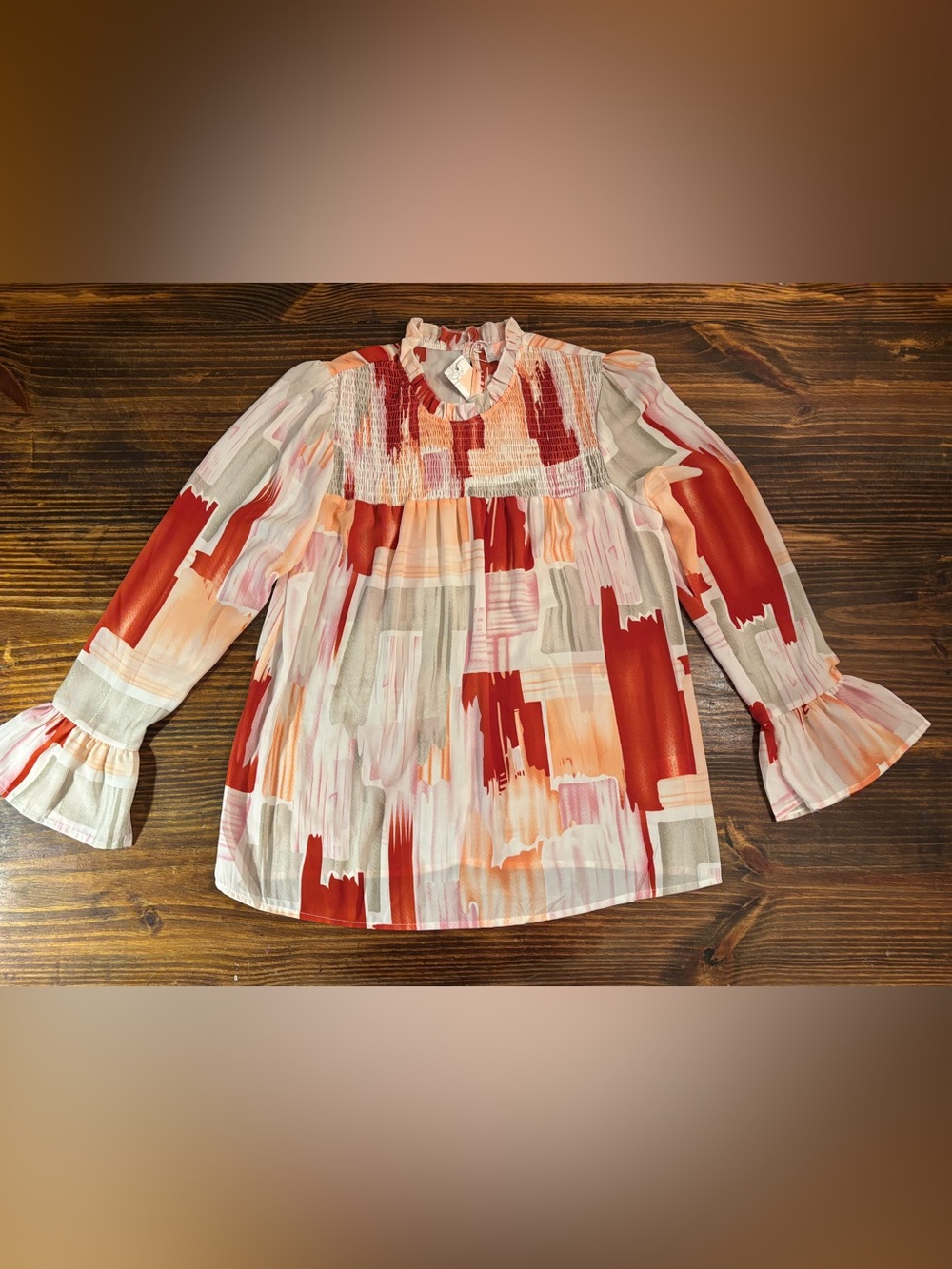 C+D+M Women’s Large Abstract Print Smocked Blouse Bell Sleeve Top NWT - Picture 2 of 14